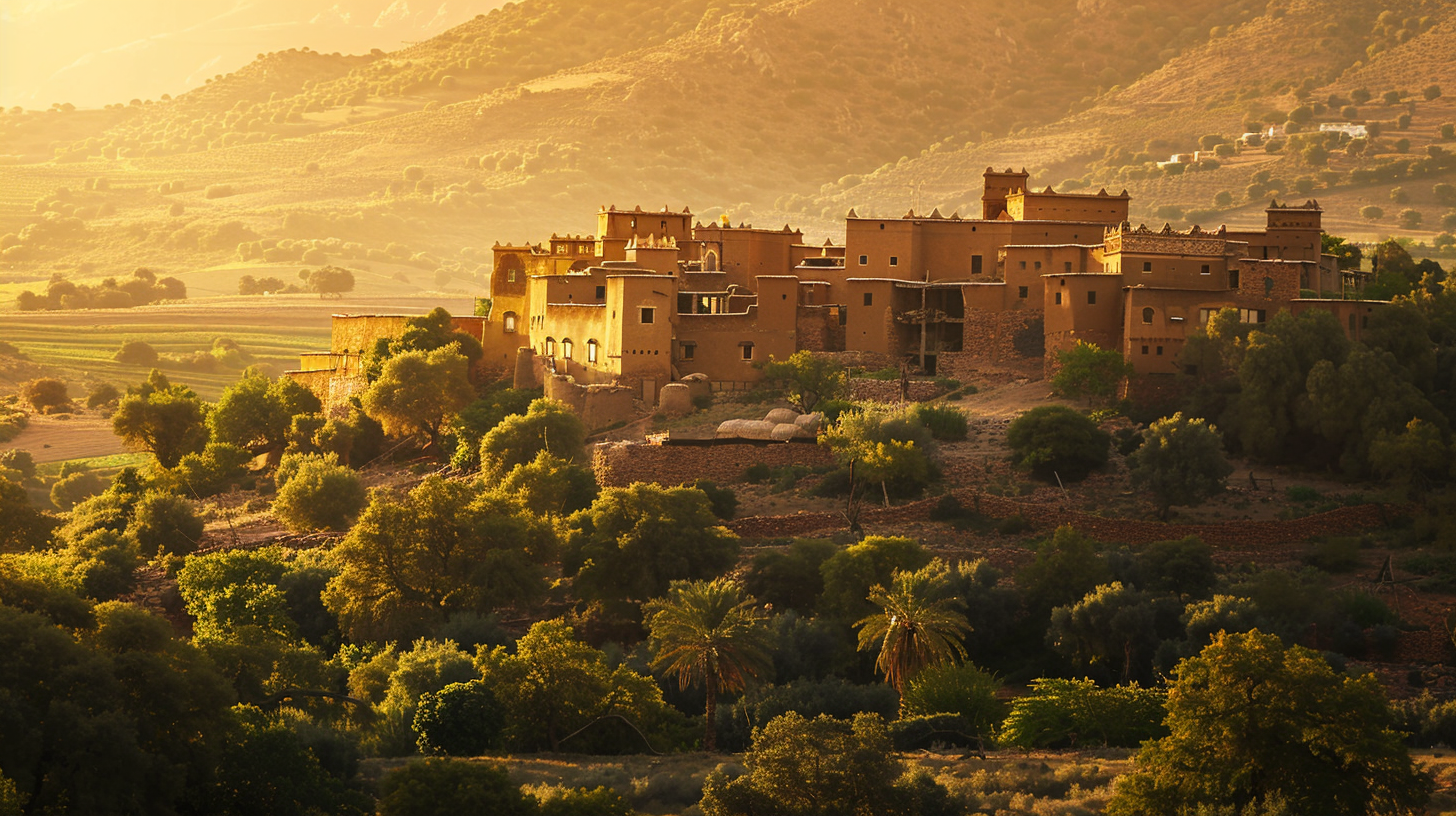 Traditional Chtouka Amazigh village in Souss Valley showing earthen architecture with fortified agadir granary (igoudar) used for storing food and valuables